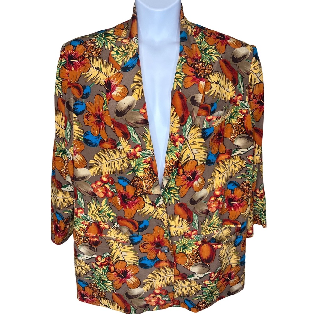 VTG 90s GALINDA Brown Tropical Silk Floral Blazer Jacket 1X Bold Lightweight